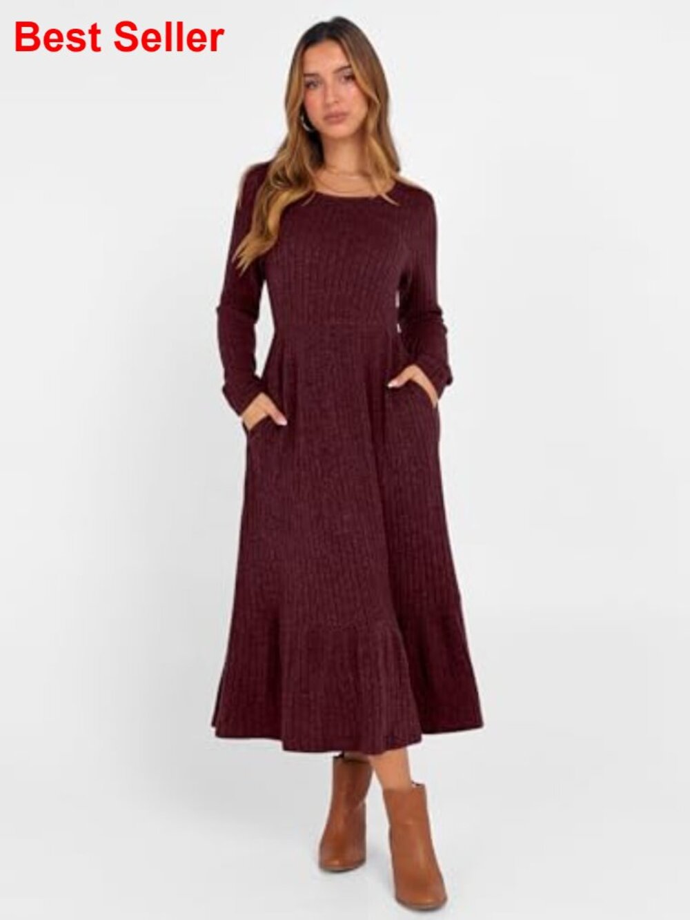 Rib Knit Crew Neck Long Sleeve Midi Dress with Pockets - Picture 3 of 7